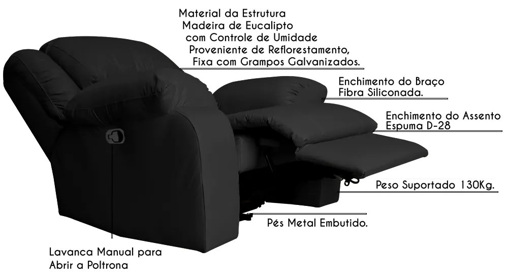 Poltrona do Papai Reclinável Manual Magnum PU Sintético Preto G23 - Gran Belo