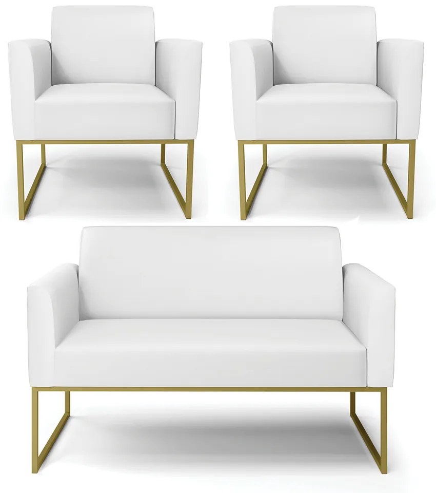 Sofá Namoradeira com 2 Poltronas Base Industrial Dourado Marisa Corino D03 - DRossi - Branco