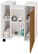 Gabinete Para Banheiro 55cm 1 Porta Com Rodízios Pequin Branco/Ripado