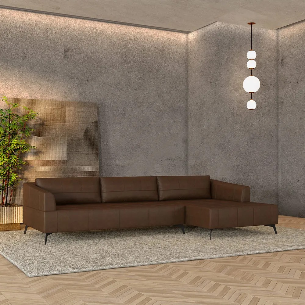 Sofá Bipartido Sala de Estar Kiara 332cm Chaise Direito Pés de Ferro Couro Caramelo Manchado G52 - Gran Belo