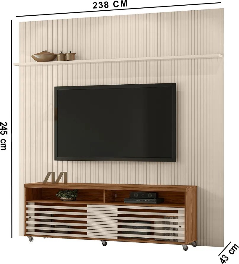 Painel TV 75 Pol 238cm Ripado Kalven com Rack Bancada Nerion M20 - D'Rossi - Naturale(fosco)/Off White(brilho)