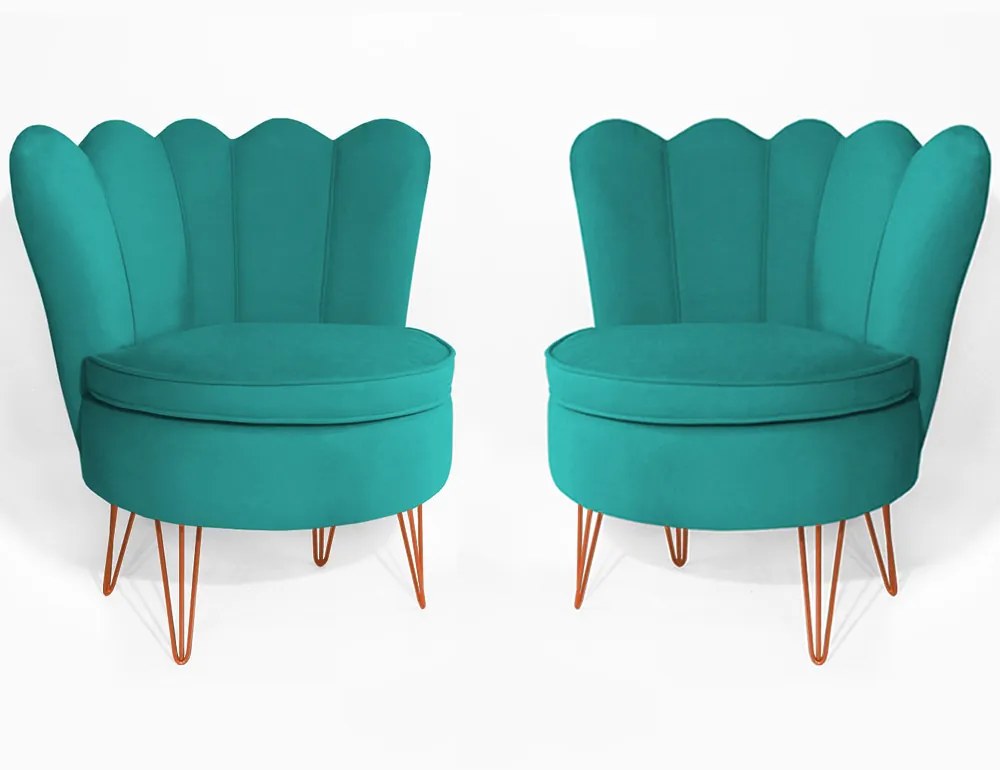 Conjunto 2 Poltrona Dália Pés Hairpin Legs Bronze Veludo Azul Tiffany