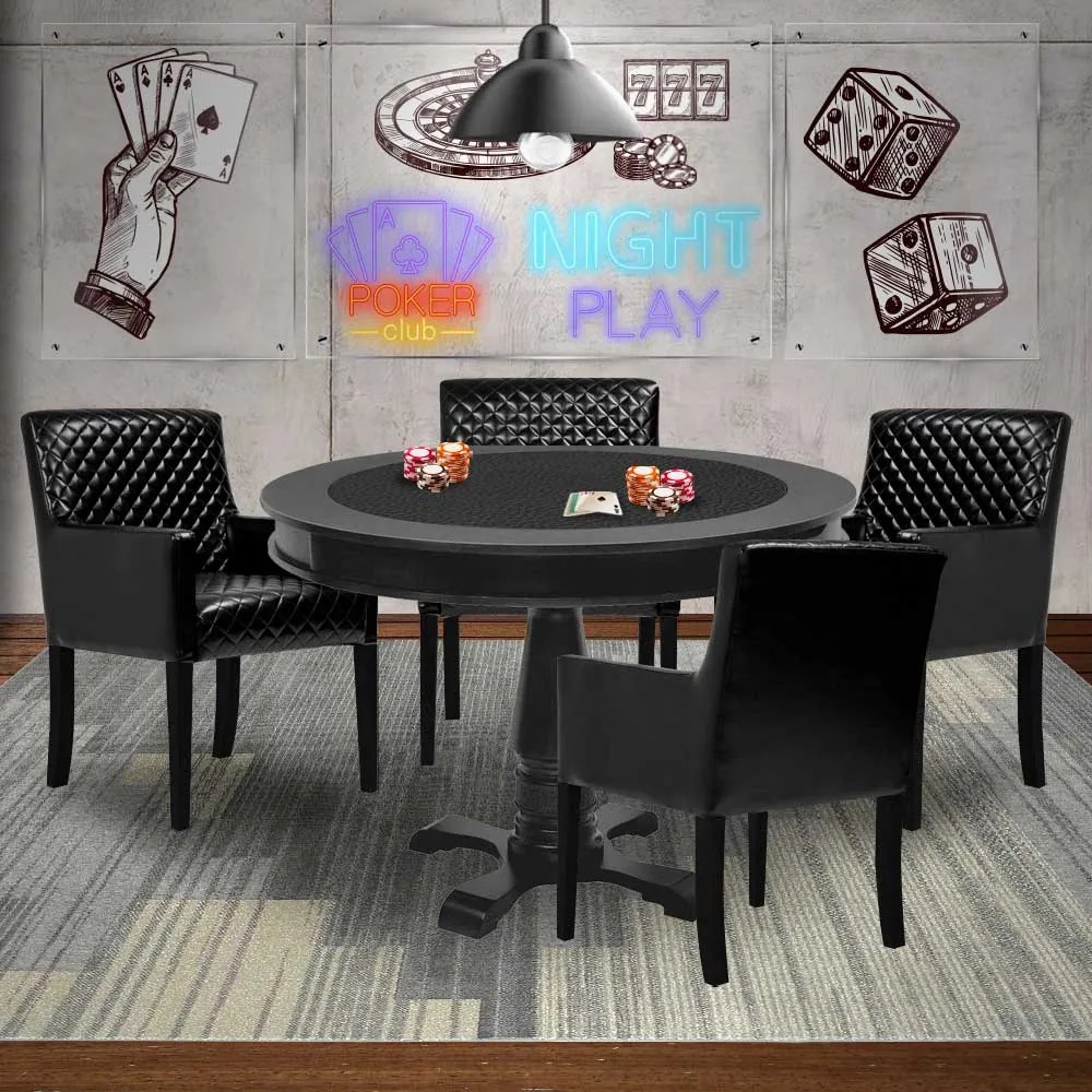 Mesa de Jogos Carteado Redonda Victoria Tampo Reversível Preto com 4 Cadeiras Liverpool Corino Preto Matelassê G36 G15 - Gran Belo