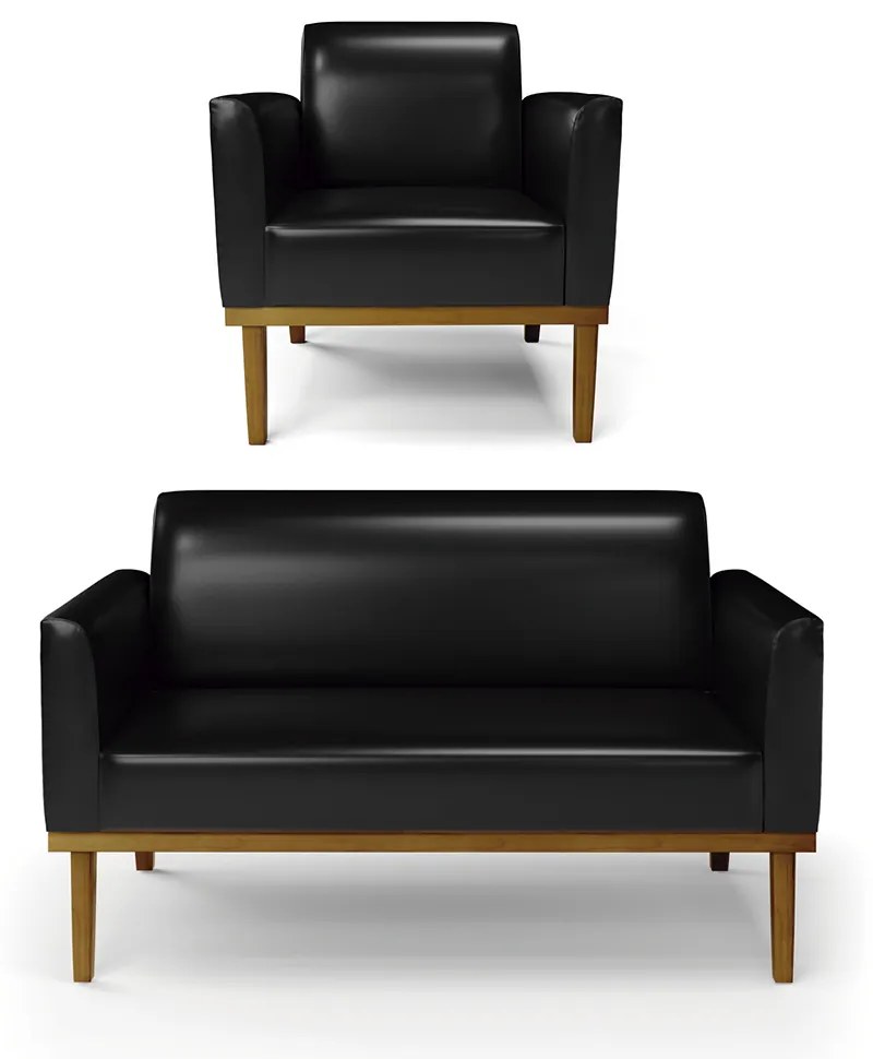 Conjunto Poltrona e Namoradeira Decorativa Isabella Pés Fixo em Madeira Castanho PU Preto Brilho G19 - Gran Belo