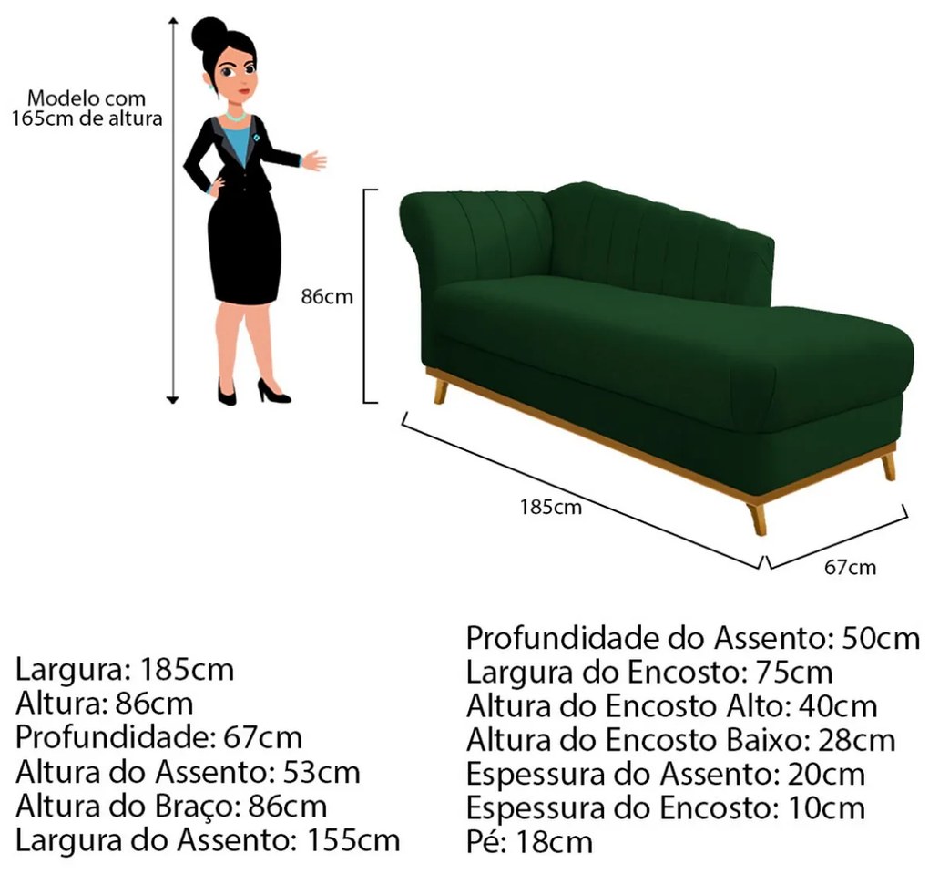 Recamier Vanessa 185cm Lado Direito Suede Verde - ADJ Decor