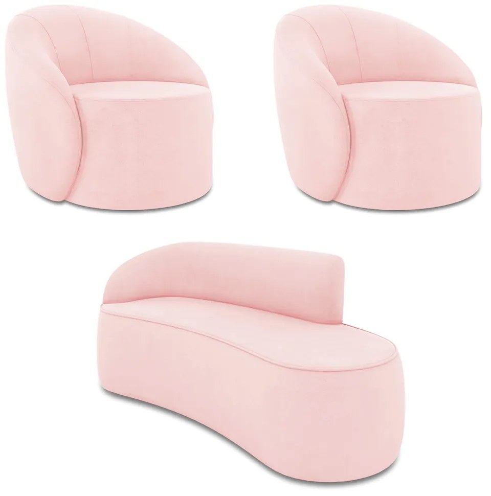 Sofá 3 Lugares Orgânico 180cm Morgan e 2 Poltronas Lua Suede Rosa Bebê D03 - D'Rossi