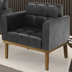 Poltrona Decorativa Base Madeira Castanho Ana Sintético PU Preto- Ibiz