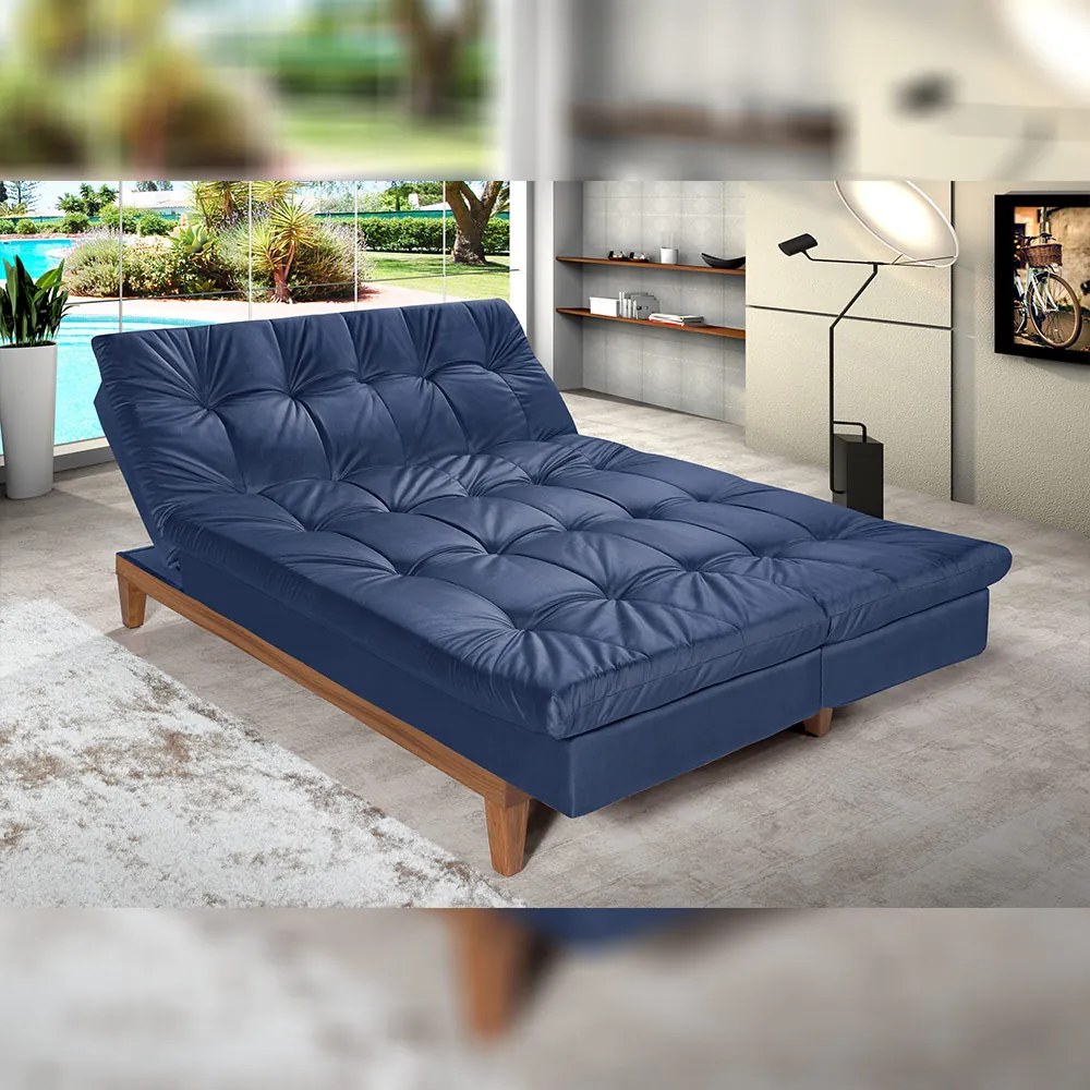 Sofá Cama Reclinável 2 Lugares Change Veludo Azul G30 - Gran Belo