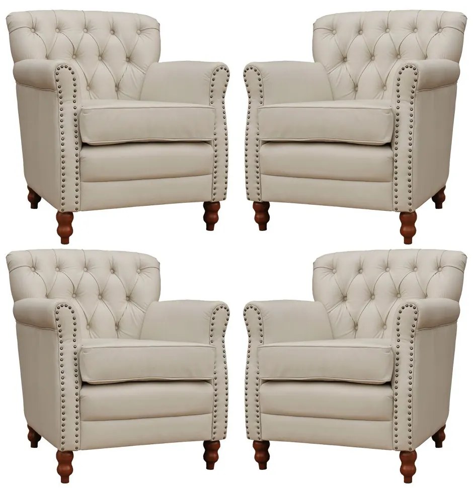Kit 04 Poltronas Decorativas Sala de Estar Níger Pés Madeira Couro Off White G58 - Gran Belo
