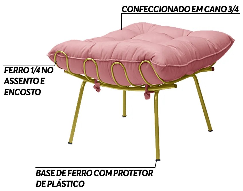 Kit 2 Puff Decorativo Sala de Estar Abel Pés Dourado Suede Rosa G41 - Gran Belo