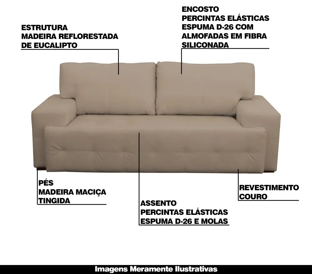 Sofá 3 Lugares Sala de Estar Roma 230 cm Couro Bege G58 - Gran Belo