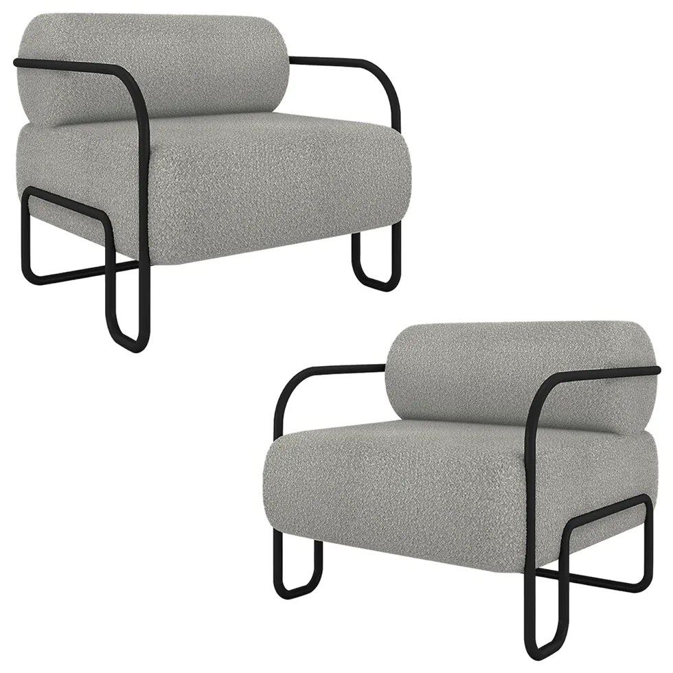 Kit 2 Poltronas Decorativas Sala de Estar Polatsk Base Industrial de Ferro Bouclê Cinza G33 - Gran Belo