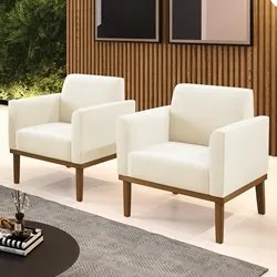 Poltrona Base Madeira Castanho Kit 2 Maressa Veludo Bege - Ibiza