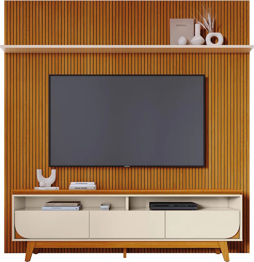 Painel TV 75 Pol 238cm Ripado Kalven e Bancada Elarin M20 - D'Rossi - Cinamomo(fosco)/Off White(brilho)