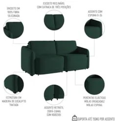 Sofá Cama Casal para Sala 236cm Polska Z08 Veludo Verde - Mpozenato
