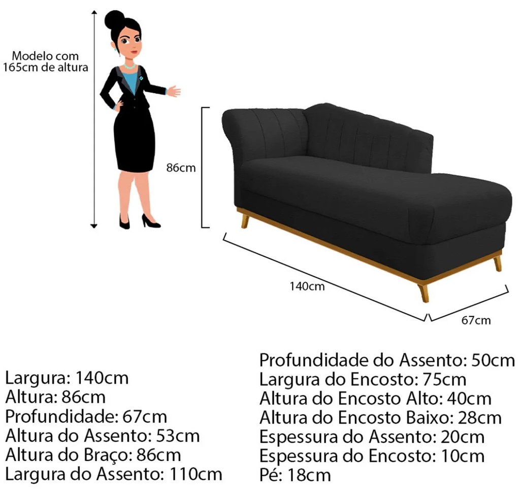 Recamier Vanessa 140cm Lado Direito Corano Preto - ADJ Decor