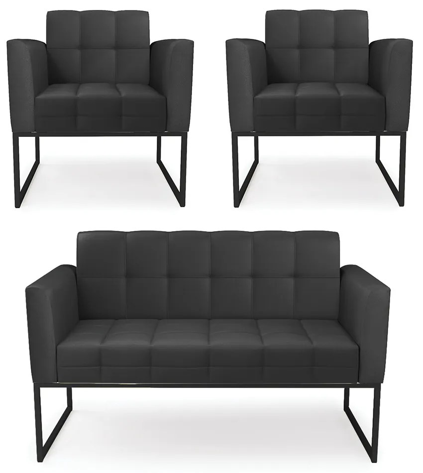 Kit 1 Sofá Namoradeira e 2 Poltronas Elisa Corino Base Metálica Industrial Preto - D'Rossi - Preto