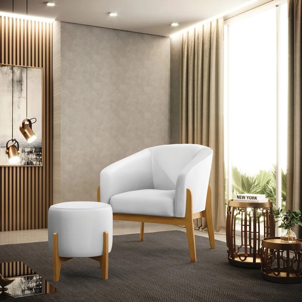 Puff Banqueta Decorativo Base Madeira Stella Sintético Branco D03 - D'Rossi