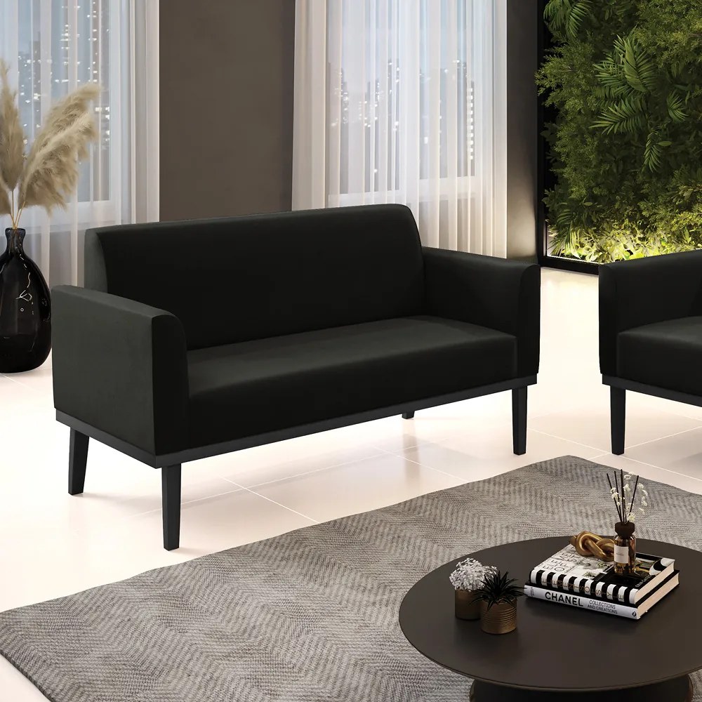 Sofá Namoradeira Base de Madeira Fixa Preto Marisa Suede  D03 - D'Rossi - Preto