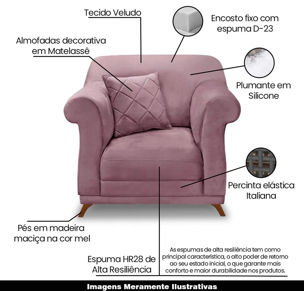 Poltrona Decorativa com 1 Almofada Armstrong Veludo Uva G63 - Gran Belo
