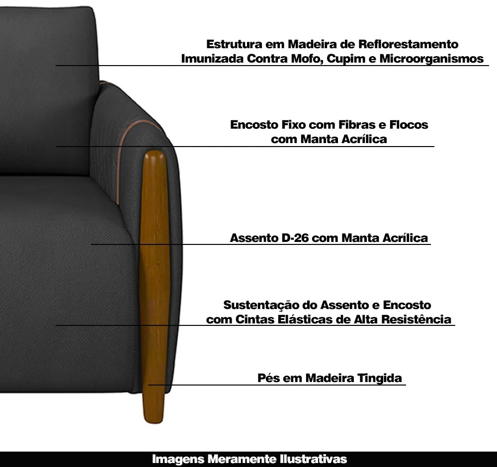 Poltrona Decorativa Pés Madeira Maceió PU Preto G45 - Gran Belo