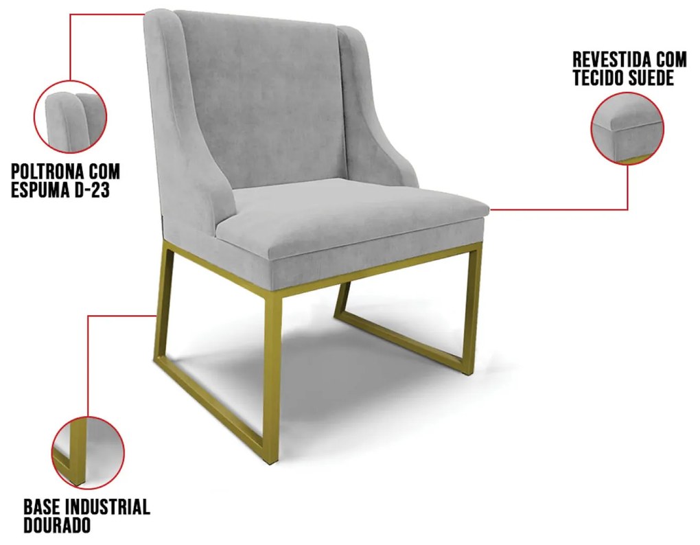 Cadeira Sala de Jantar Industrial Dourado Kit 8 Liz Suede D03 - D'Rossi - Cinza