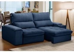 Sofá Retrátil 3 Lugares com Porta Copo 230cm Andes F05 Veludo Azul - M