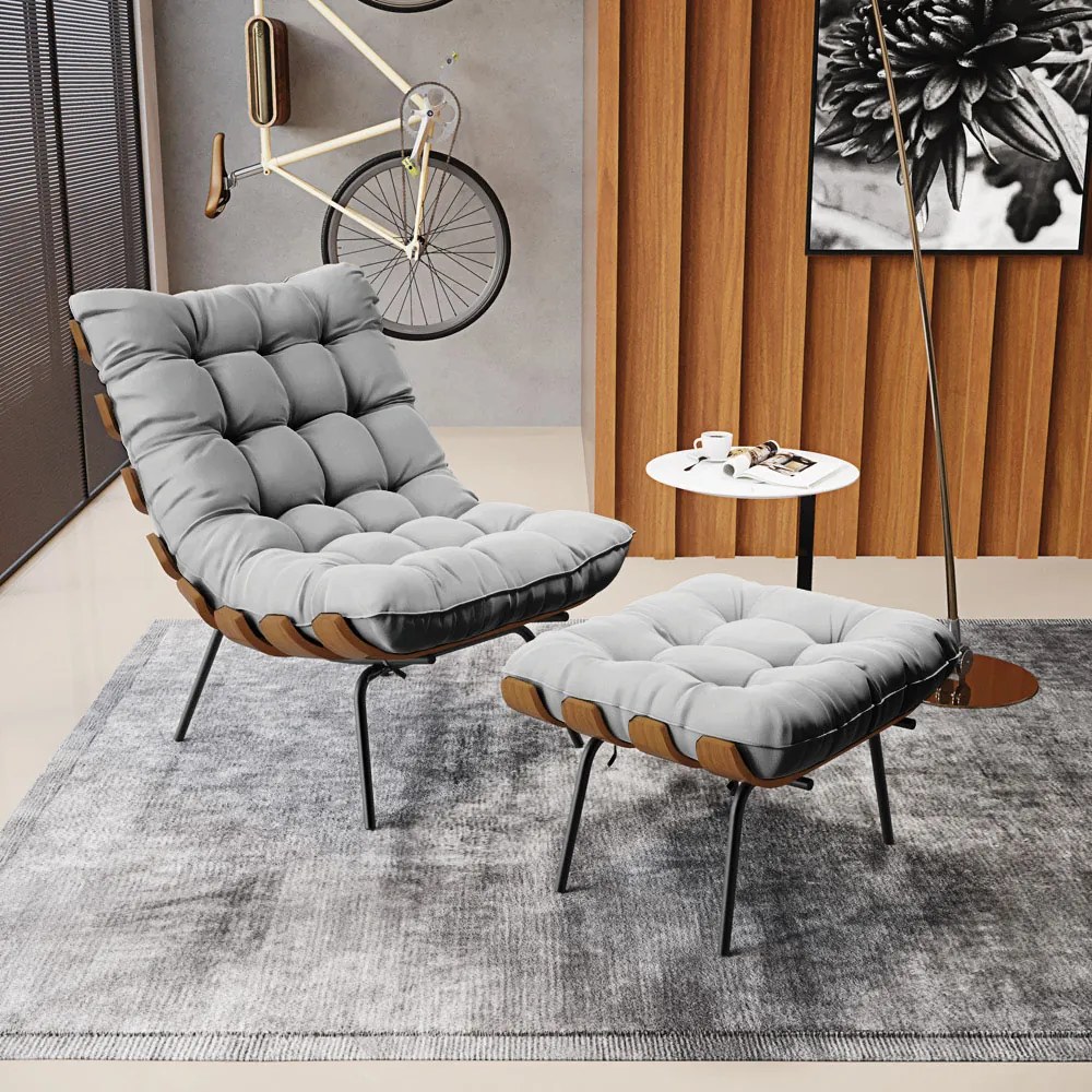 Puff Costela Suede Cinza Base Metálica Preto - D'Rossi