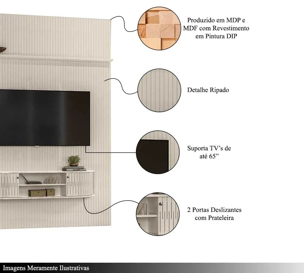 Home Theater Killua 2 Portas Deslizantes MDP até 65 Calacata/OffWhite G97 - Gran Belo
