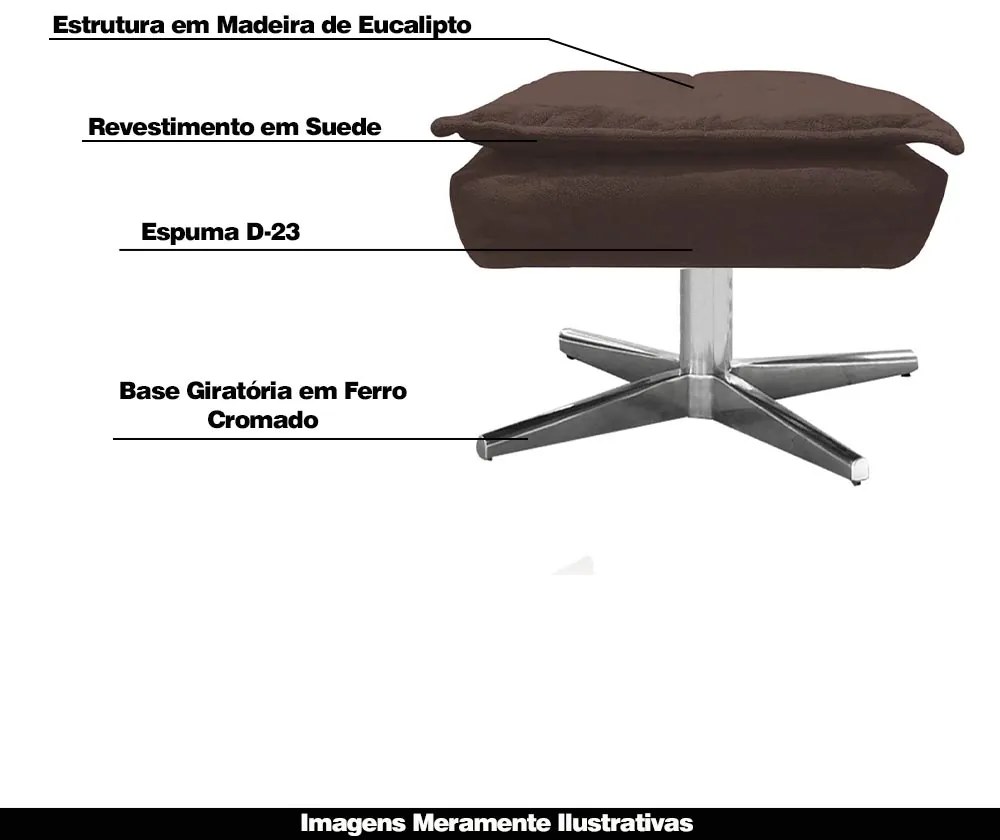Kit 2 Puff's Decorativos Base Giratória Cromada Charger Suede Marrom G19 - Gran Belo