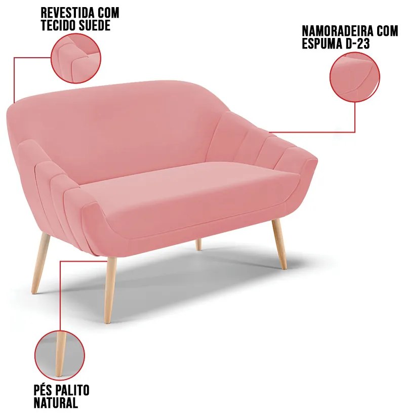 Namoradeira 02 Lugares Giovana Suede Pés Palito Natural D03 - D'Rossi - Rose
