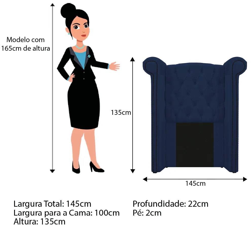 Kit Cabeceira e Calçadeira Veneza 100 cm Solteiro Suede Azul Marinho - ADJ Decor