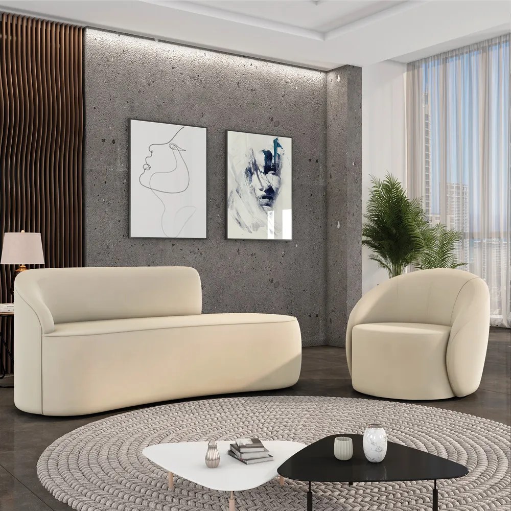 Sofá 2 Lug Orgânico140cm Morgan e Poltrona Giratória Lua Cotelê/Veludo Bege D03 - D'Rossi