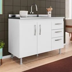 Balcão Gabinete Nathan com Pia Inox 120cm 2 Portas Branco - Nathy Móve