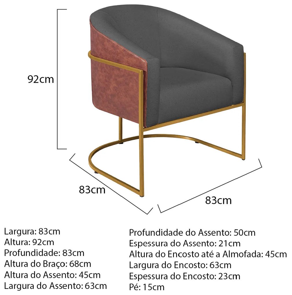 Poltrona Luiza Base de Ferro Dourado Corano Nozes e Linho Cinza Escuro - ADJ Decor