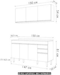 Armário Cozinha e Balcão Com Tampo 150cm Marrocos Castanho  - Lumil
