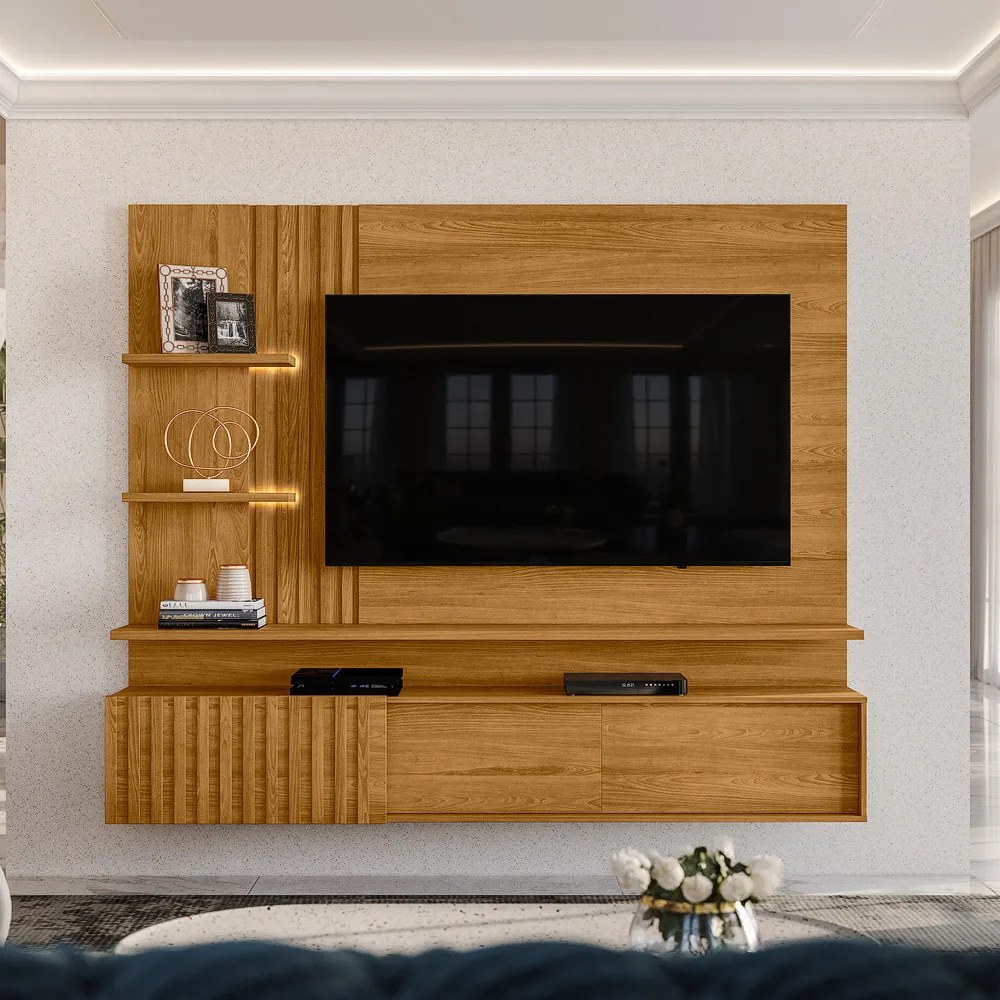 Painel TV 65 Pol 200cm Bancada Suspensa Ripado Mirellin M20 - D'Rossi - Cumaru