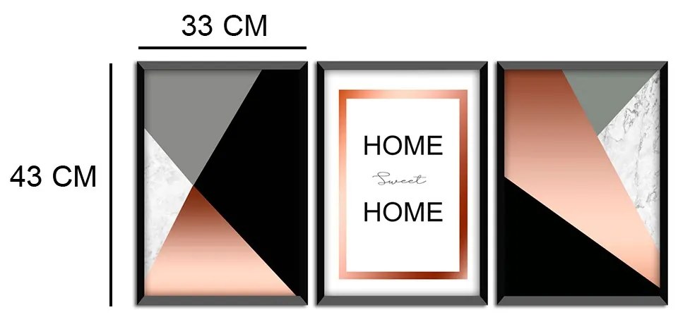 Kit 03 Quadros Decorativos Rose Gold "Home Sweet Home" 43x33 Cm Cada - D'Rossi