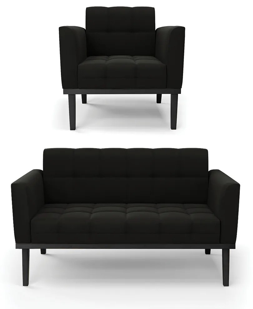 Sofá Namoradeira e Poltrona Base de Madeira Preto Elisa Suede D03 - D'Rossi - Preto