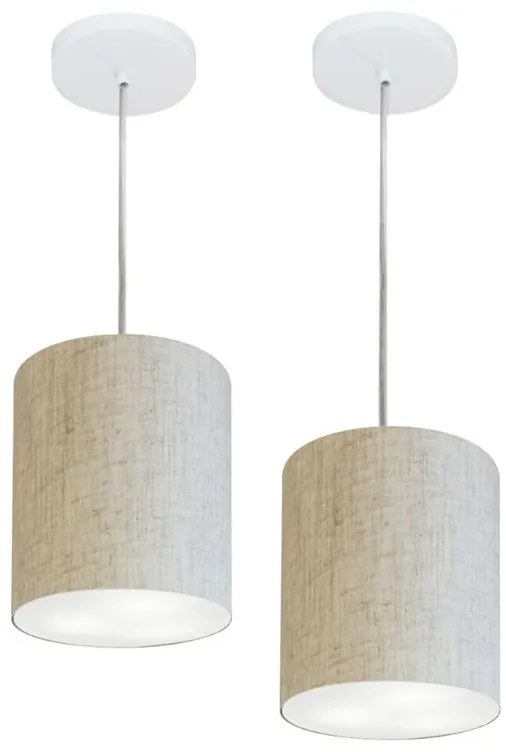 Kit/2 Lustre Pendente Cilíndrico Md-4012 Cúpula em Tecido 18x25cm Rustico Bege - Bivolt