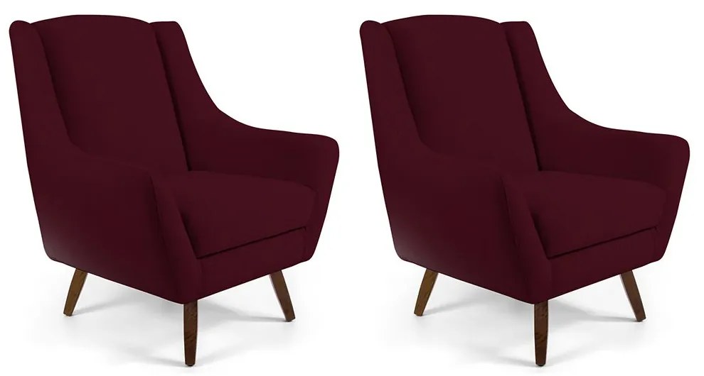 Kit 02 Poltronas Decorativas Sala de Estar Pés de Madeira Naomi Veludo Marsala G15 - Gran Belo