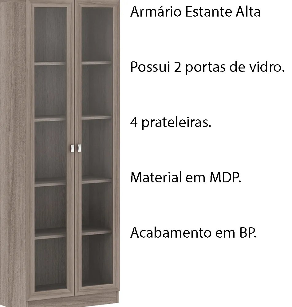 Armário Estante Alto Porta de Vidro ME4115 MDP Carvalho G69 - Gran Belo