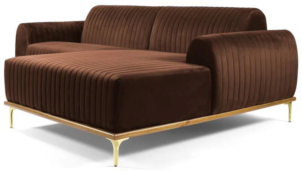 Sofá 4 Lugares Bipartido com Chaise Lado Esquerdo Base de Madeira Euro 255 cm Veludo Marrom G15 - Gran Belo