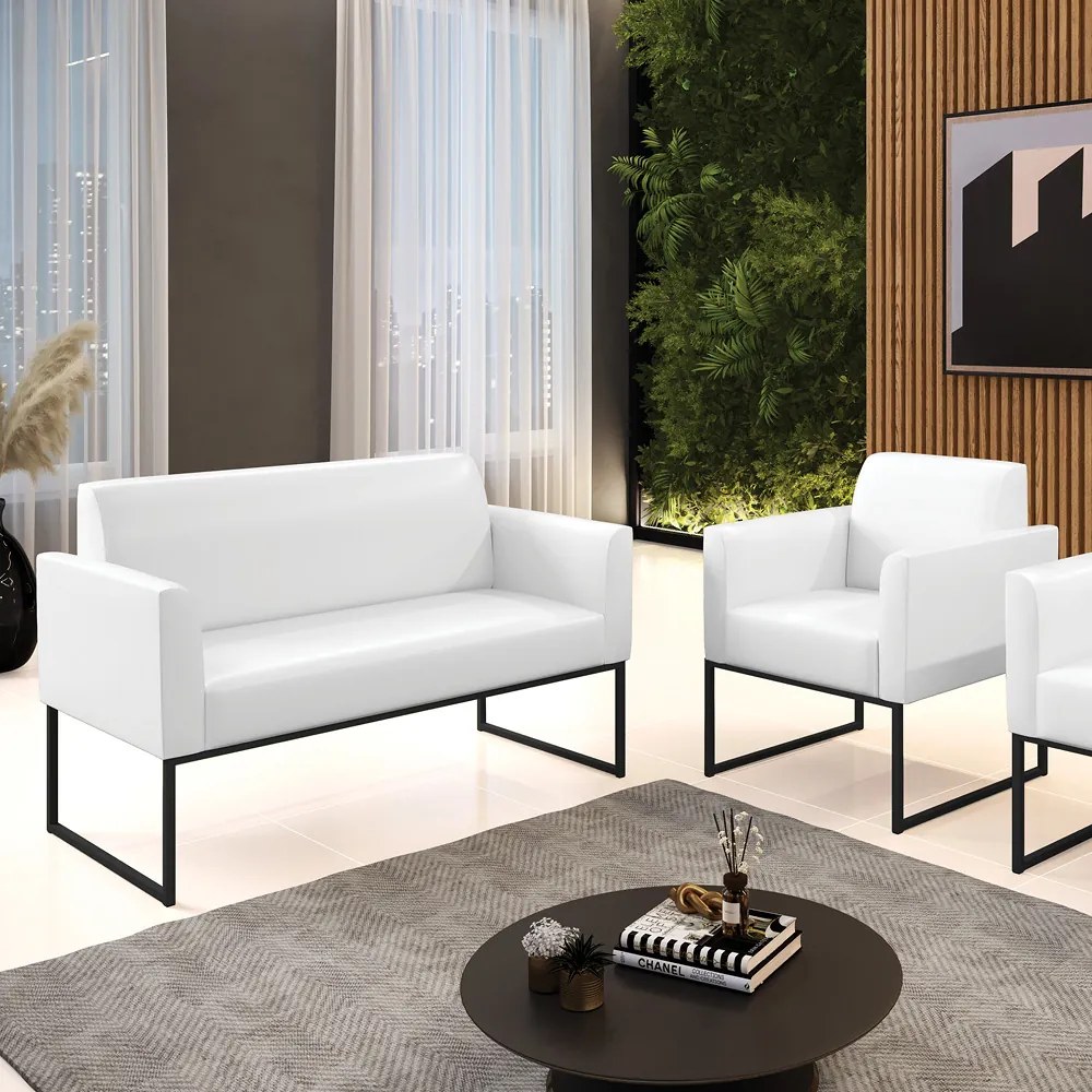 Sofá Namoradeira com Poltrona Base Industrial Preto Marisa Corano D03 - DRossi - Branco