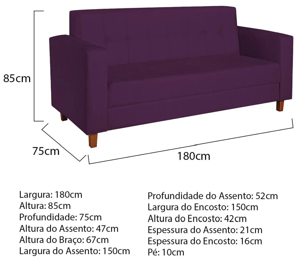 Sofá 2 Lugares Denver Suede Roxo - ADJ Decor
