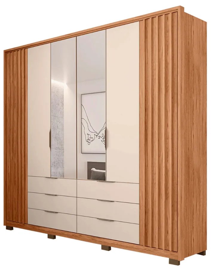 Guarda Roupa Essence Casal Ripado 6 Portas de bater com 2 Espelhos 6 Gavetas MDP Freijo/OffWhite G11 - Gran Belo