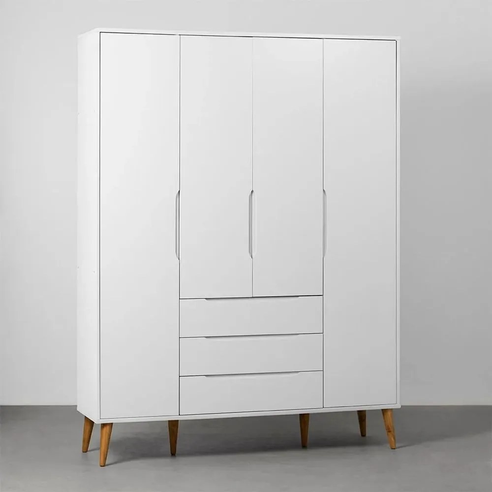 Guarda-Roupa Elfe 4 Portas e 3 Gavetas com Pés Retrô Mel – Branco Fosco