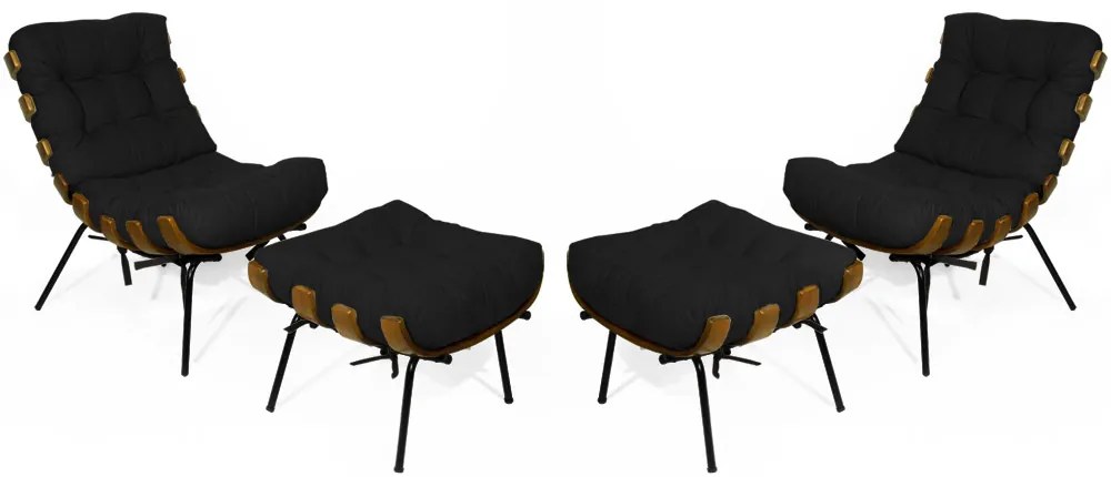 Kit 2 Poltronas Costela Com 2 Puff Costela Suede Preto