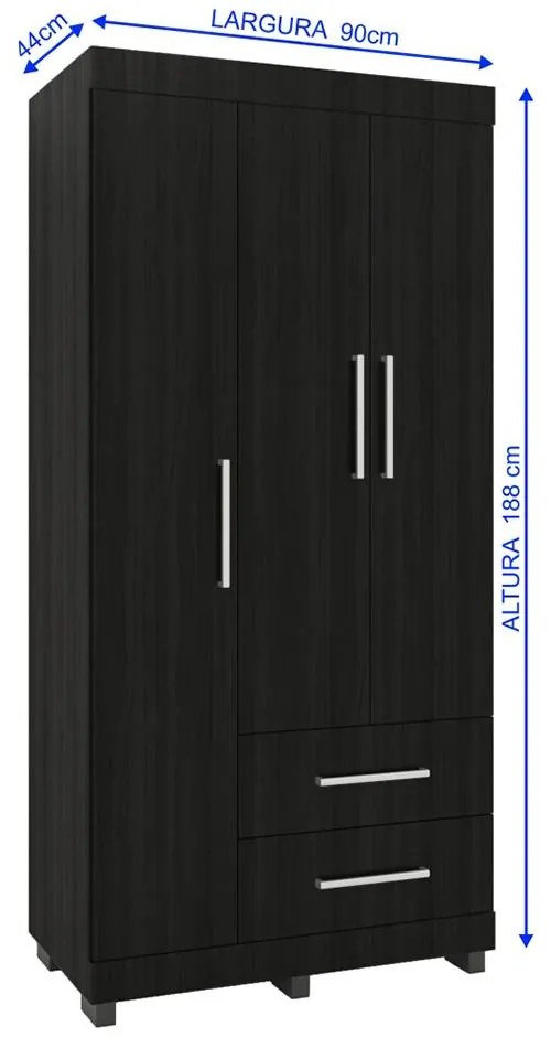 Roupeiro Guarda Roupa 3 Portas Prateleiras 2 Gavetas Preto