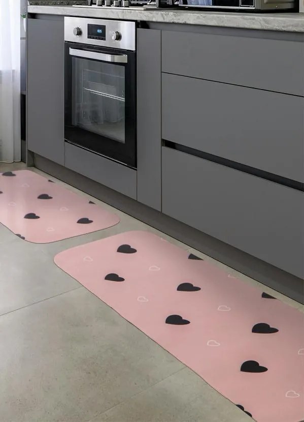 Jogo de Tapetes Cozinha Corações Rosa 2 Peças